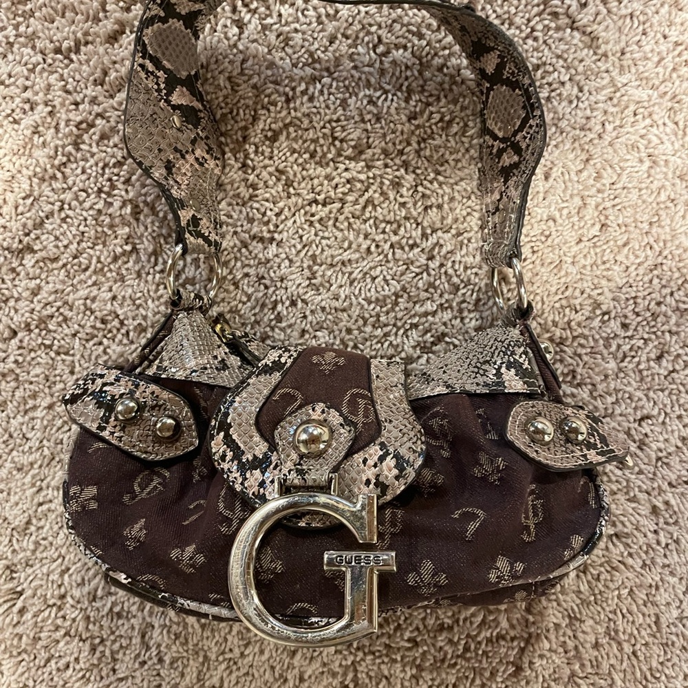 Guess Brown Monogram Shoulder Bag with Snake-Print Trim - Picture 3 of 10